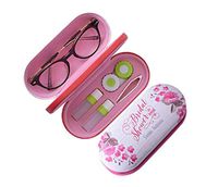 Candy House Dual Glasses and Contact Lens Case Kit - Double Sided 2 in 1 Portable Case with Mirror, Tweezers and Applicator Included (Pink Flower)