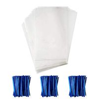 Fashewelry 100Pcs Clear Plastic Cello Treat Bags 5.9x9.84" OPP Cellophane Poly Bags with 3" Blue Twist Ties for Wedding Christmas Party Candy Gift Cookies Packaging
