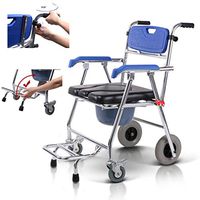 Portable Medical Aid Mobility Commode, Adjustable Handle and Folding Foot Pedal, Toilet Foldable Chair Bath Shower Seat Elderly Handicapped Hospital Medical Chair Blue
