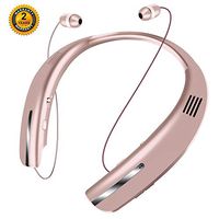 Bluetooth Headphones Speaker 2 in 1,SEOBIOG Neckband Wireless Headset Wearable Speaker True 3D Stereo Sound Sweatproof Headphones with Retractable Earbuds Built-in Microphone (Rose Gold)