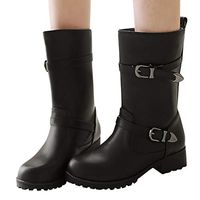 Veodhekai Women Belt Buckle Boots Student Casual Middle Tube Large Size Boots Flats Boots Students Shoes Black