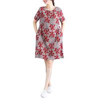 Vintage Summer Casual Cute Women Short Sleeve Knee Length Loose Hem Dress Khaki