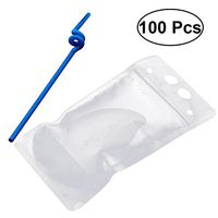 BESTONZON 100pcs Drink Pouch Bag with Drink Straws Zipper Stand-Up Plastic Pouches Bags (Transparent)