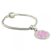 Pan-Dorra PRE-Engraved “Lymphedema Alert Left ARM” Stylish Medical Bracelet - Round Pink Charm 7.50