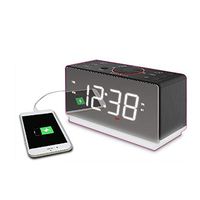 Emerson White Jumbo Mirror Display Dual Alarm Clock Radio with USB Charging, Shuttle Wheel, LED Decor, Earphone Jack and Bluetooth Speaker, ER100116