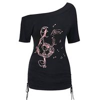 JQjian Fashion Summer Womens Cinched Side Skew Collar Musical Notes T Shirt Short Sleeve Tops (L, Black)