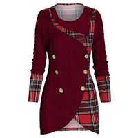 Coupondeal Plus Size Women O-Neck Long Sleeve Plaid Botton Pachwork Asymmetric Tops Sweater(Red,XXXL)