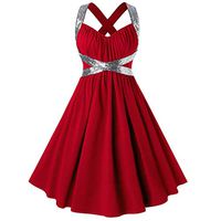 Sunhusing Ladies Sleeveless Backless Sequins Stitching Solid Color Pleated Tube Top Flowy Swing Party Dress(Red,2XL)
