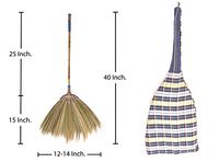 Natural Grass Broom 100% Handmade with a Bamboo Stick Embroidered Woven Nylon Top and Bottom Handle and Hand Grip Papyrus Thai Broom for Indoor and Outdoor Use - Soft, Large, Wide, Vintage
