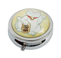 Halulu Lucky Beckoning Cat Custom Fashion Round Glass Pill Case 2.1 Inch Tablet Holder Storage Bag Wallet