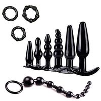 7PCS Silicone Beginner Anales Trainer Kit-Bûtt Pl'ugs Beads Massage Toys with T-bar Base + 3 PCS Gift Ring(Black)