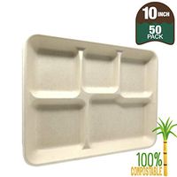 Biomundi 100% Compostable Paper Plate 50-pack 10" 5-compartment Bagasse School Lunch Tray, Heavy Duty Quality Disposable Tray, Eco-friendly Made Of Sugar Cane Fibers Brown