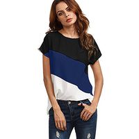 Theoylos Women's T-Shirts Soft Chiffon Short Sleeve Ladies Loose Color Block T-Shirts Shirt O-Neck Loose Tops Dark Blue