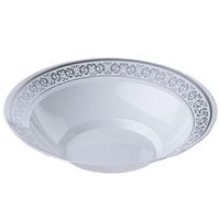 BalsaCircle 40 pcs 8 oz White and Silver Trim Plastic Round Bowls - Disposable Wedding Party Catering Tableware