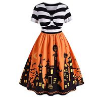 Halloween Women Dress Vintage Short Sleeve V Neck Halloween Housewife Print 50s Housewife Evening Party Prom Dress Knotted V Neck Vintage Skirt A-line Dress Yellow
