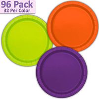 96 Paper Dinner Plates (9") - Orange, Neon Green, Deep Purple - 32 Per Color, 3 Colors - Great Assortment for Birthday Parties, Weddings, Holidays, Baby Shower, Celebrations, and more