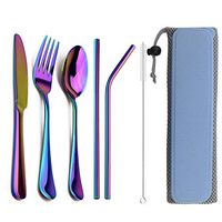 Straws Drinking Reusable - 8Pcs/Lot 6 Colors Dinnerware Set Stainless steel Cutlery Set Knife Fork Colorful Silverware Metal Straw Box Bag Service For 1