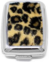 Faux Leopard Print Fur Rectangular Curved Edges Pocket Purse Portable Travel Pill Box & Medicine Organizer (2 Compartments)