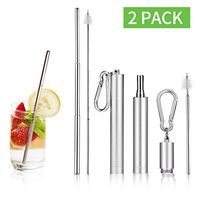 2 Pack Collapsible Reusable Straw, Foldable Stainless Steel Metal Straw with Carry Case & Cleaning Brush, Keychain Portable Drinking Straw Set for Travel