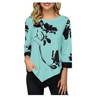 HNTDG Women's Floral Print Chiffon Blouse Casual V-Neck Print Long Sleeve Irregular Loose Tops Green