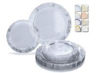 " OCCASIONS" 240 Plates Pack,(120 Guests) Vintage Wedding Party Disposable Plastic Plates Set -120 x 10.25'' Dinner + 120 x 7.5'' Salad/Dessert Plate (Portofino Clear/Silver)