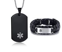 LF Stainless Steel Black Customize Medical Alert Jewelry Sets Emergency ID Tag Caduceus Bracelet Necklace Sets,Free Engraving Medic Jewelry for Men(Medical Alert Necklace + Bracelet)