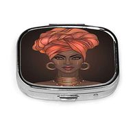 Fashion Square Pill Box Medicine Storage Bag Pocket Or Easy to Use Pillcase Medicine Bag Storage Bag Brown Pattern African American Pretty Girl of Black Woman Glossy Lips and Turban Great Avatars