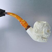 Meerschaum Skull with Feather Headress Tobacco Pipe Full Bend by Paykoc M55029