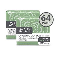 La Vie Organic Cotton Top Sheet* Feminine Pads with Wings, Ultra Thin, Regular, 64 Count (2 Bags of 32)