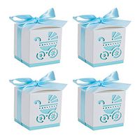 BENECREAT 50 Sets 2.4x2.4x2.4” Baby Shower Favor Box Sky Blue Baby Carriage Printing Box with Ribbon for Candy Chocolate Treats