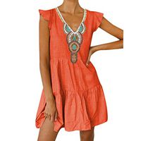 Lemoning Women Dresses for Work Women’s Printed  Short Sleeve V-Neck Maxi Dress Split Hem Baggy Kaftan Mini Dres Woman Dresses for Special Occasions Sexy Orange S