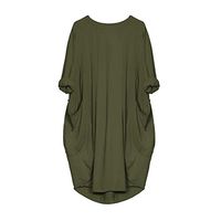 Danhjin Women Plus Size Loose and Comfortable Dress Solid Color Long Sleeve Round Neck Pockets T Shirt Dress Army Green