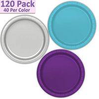 120 Paper Dessert Plates (7") - Aqua, Silver, Deep Purple - 40 Per Color, 3 Colors - Great Assortment for Birthday Parties, Weddings, Holidays, Baby Shower, Celebrations, and more