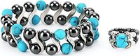 Elegant Womens Hematite Magnetic Therapy & Healing Stone Bracelet & Ring Set Pain Relief for Arthritis and Carpal Tunnel (Turquoise)