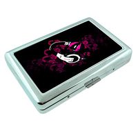 Pink Headphones Em1 Hip Silver Cigarette Case Id Holder Metal Wallet 4" X 2.75" RFID Protection
