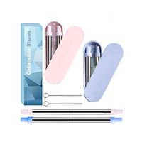 Reusable Metal Straws, Collapsible Telescopic Stainless Steel Drinking Straws, Portable Eco-Friendly Straws with Hard Case & Cleaning Brush, 2Pack (Blue&Pink)