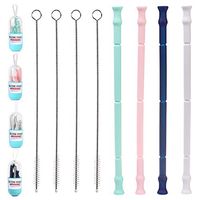 MISDECOR Collapsible Reusable Silicone Straw Portable Folding Drinking Straws with Key Chain Case Holder and Cleaning Brush,BPA Free (Pink,Green,Dark Blue,Gray)