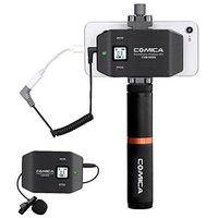 Comica CVM-WS50(B) Wireless Smart Phone Microphone, with UHF 6 Channels, Integrated Smartphone Holder, 194FT Wireless Range, Built-in Chargable Battery, Microphone for Iphone Samsung Huawei and more