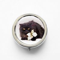 RhyNSky Animal Black Cat Mini Portable Pocket Pill Box Case Holder for Purse, 3 Compartments, Silvery, FS101