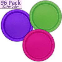 96 Paper Dinner Plates (9") - Lime Green, Neon Purple, Neon Pink - 32 Per Color, 3 Colors - Great Assortment for Birthday Parties, Weddings, Holidays, Baby Shower, Celebrations, and more