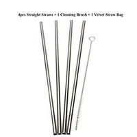 Stainless Steel Straws Set of 4 (8.5 Inch) Straight Shape + Cleaning Brush + Black Velvet Straw Bag
