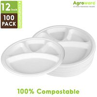 AgroWare 12INCH, 4 Compartment Heavy Duty Disposable Tree-Free Plates 100% Natural Eco-Friendly Sugarcane Biodegradable Compostable Bagasse Plates, 100% Gluten Free, Pack of (100)