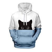 Buedvo Couples Wear Long Sleeve Cat Print Casual Sweater Stitching Color Drawstring Pullover Sweatshirt with A Large Pocket Hooded Coat Sweater Pullover Cardigan Windbreaker Tops (XL, White)