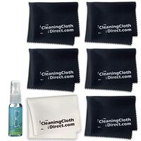 Cleaning Cloth Direct | 6 Pack Microfiber Cleaning Cloth Bundle with 1 oz Lens Cleaner Spray | Safe on Coated Lenses & Blue Light Blocker Eyeglasses Glasses Phone Camera | Large (5 Black+ 1 White)