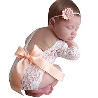Newborn Photography Props Girl Outfit, Funiup Infant Baby Long Ripple Wrap Blanket and Lace Beads Headband, Christmas Costume (Beige)