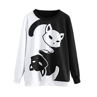 Women Sweatshirts, Cute Cat Printed Color Patchwork Round Neck Long Sleeve Loose Fit Pullover Tops Blouses Coat(Black, L)