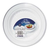 WNA Masterpiece Plastic Plates, 10.25 in, White w/Silver Accents, Round, 120/Carton