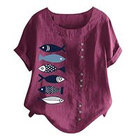 Amlaiworld Women Casual Plus Size Blouse Summer O-Neck Printed T Shirt Loose Button Tunic Shirt Tops Wine