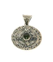 Moldavite Polished Cabochon Sterling Silver Pendant Large Runes Design
