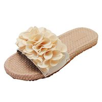 Emimarol Women's Ladies Round Toe Flower Flat Causal Slipper Shoes Beach Sandals Bohemian Indoor & Outdoor Slippers Beige